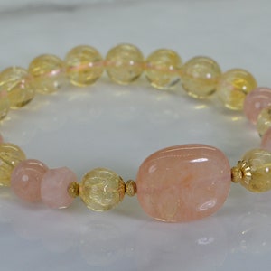 Pulsera de morganita y citrino natural: curación con cristales rellenos de oro de 14 quilates