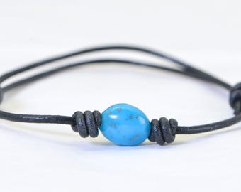 Natural Sleeping Beauty Turquoise Nugget Bracelet, Hand-Polished, Distressed Leather Cord, Adjustable Knot