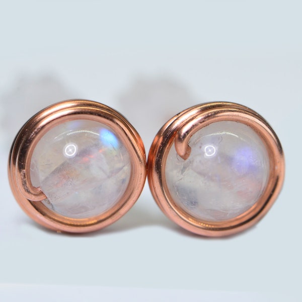 Wire Wrapped Stud Earrings in Copper Natural Moonstone Gemstone 6mm Tiny Post Earrings Gift For Women or Man Handmade Anniversary Gift