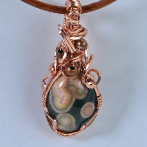 Free Leather Cord Slide Knot Necklace Green Ocean Jasper Wire Wrapped Pure Copper Gemstone Copper Jewelry Gift Anniversary For Man or Women