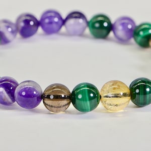 Natural Gemstone Triple Protection Bracelet/SmokeyQuartz/ Malachite/Amethyst / Citrine  Father Day Gift Adjustable Stretch Bracelet Gemstone