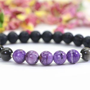 Russian Charoite Talisman Bracelet Silver Obsidian Black Lava Protection Bracelet Aroma Bracelet Natural Charoite Round Bracelet