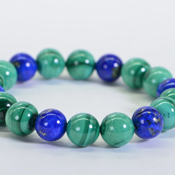 Natural Gemstone Protection Bracelet/ Malachite/Lapis Lazuli / 10mm Round Beads Bracelet/ Father Day Gift Adjustable Stretch Bracelet