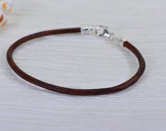 3mm Brown Leather Bracelet: Sterling Silver Clasp, Charm Cuff