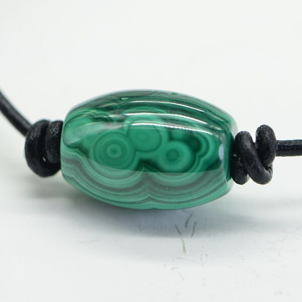 Natural malachite necklace Single Barrel stone on leather cord Anniversary gift