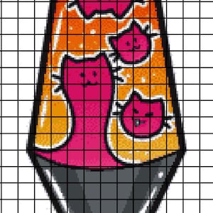 Może przedstawiać: Lampa lawowa z czarną podstawą i przezroczystym szklanym korpusem wypełnionym różowym, pomarańczowym i żółtym płynem. Płyn zawiera kilka małych, różowych figurek kotów.