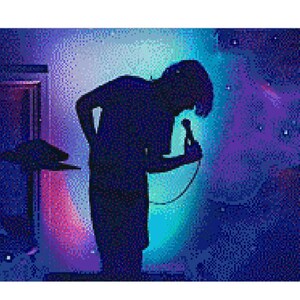 May include: Silhouette of a person singing into a microphone in front of a blue and purple starry background.