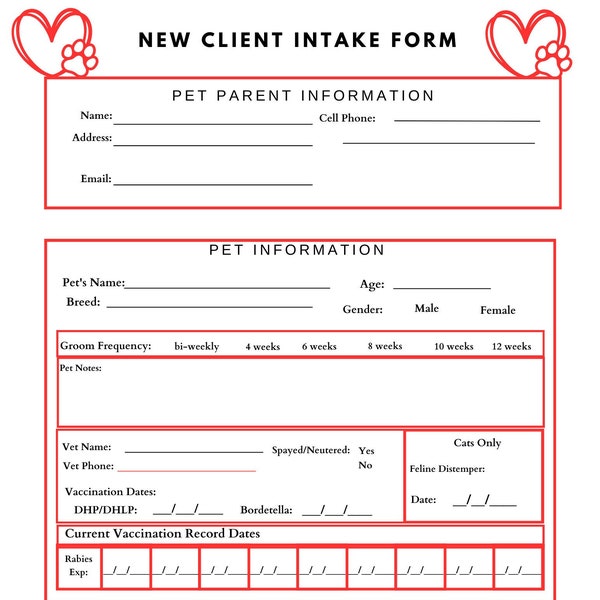 Dog Grooming Intake Client Form (Red)