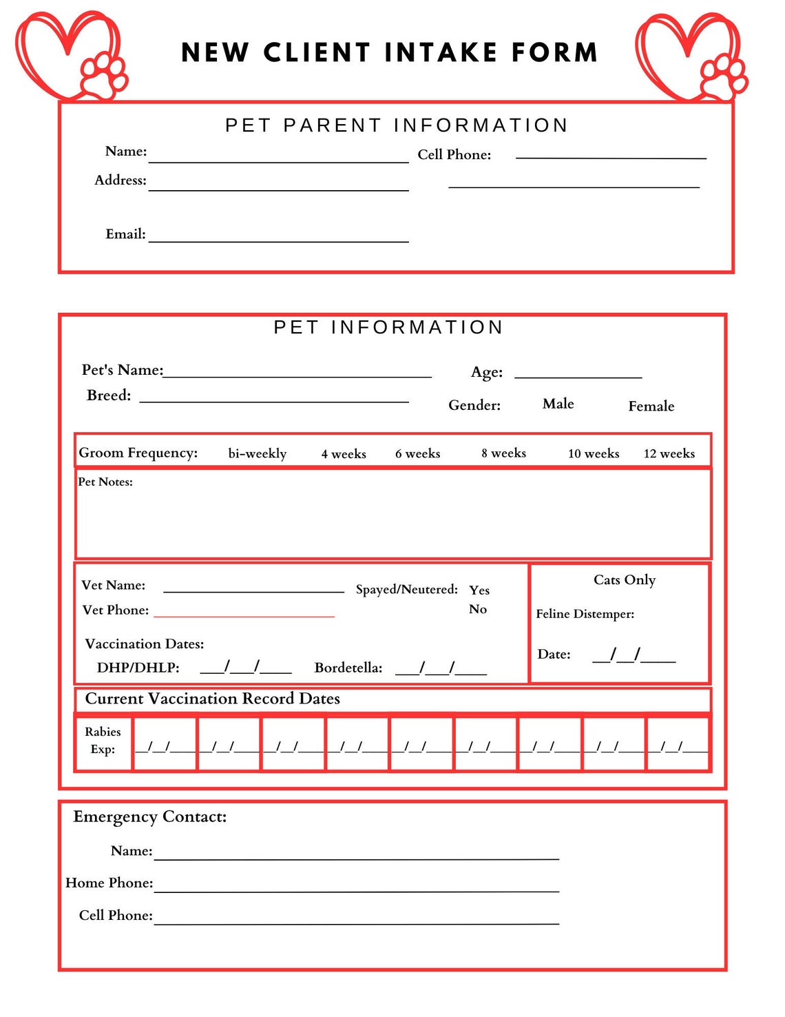 Dog Grooming Intake Client Form red - Etsy