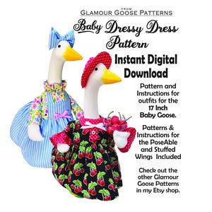 May include: Two 17-inch stuffed geese wearing fabric outfits. One goose wears a blue striped dress with a floral top and matching bow. The other wears a black dress with a red cherry print, a red polka dot hat, and holds a small bowl of cherries.