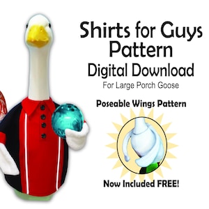 Peut inclure: Deux figurines de canard décoratives portant des chemises. L'un porte une chemise à fleurs rouges et tient une boisson. L'autre porte une chemise rouge et noire et tient une boule bleue. Le texte indique "Shirts for Guys Pattern Digital Download".