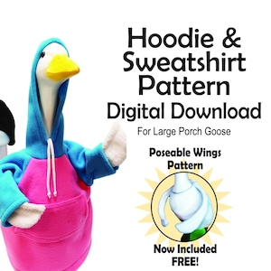 Könnte beinhalten: Digitales Download-Muster für Kleidung für große Veranda-Gänse. Das Bild zeigt eine Gans mit einem rosa und blauen Kapuzenpullover und eine Gans mit einem Fußballtrikot. Der Text lautet "Hoodie & Sweatshirt Pattern Digital Download".