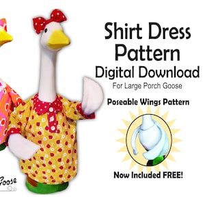 Könnte beinhalten: Zwei dekorative Gänsefiguren, die farbenfrohe Hemdkleider und Schleifen tragen. Ein Kleid ist orange mit einem Blumenmuster, das andere ist gelb mit roten Punkten. Das Bild enthält den Text "Shirt Dress Pattern Digital Download".