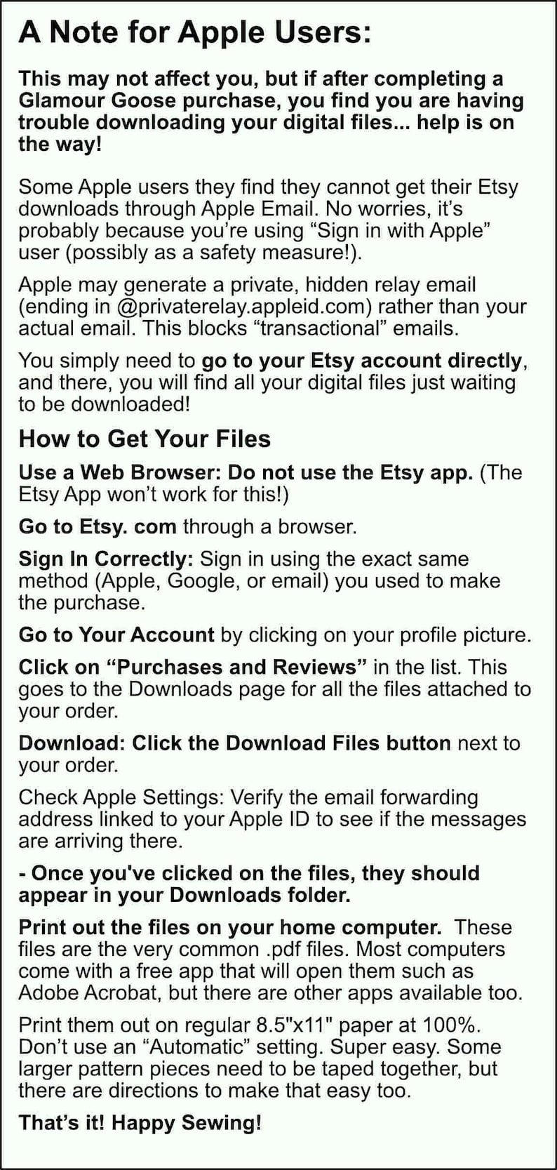 May include: A black and white informational document titled A Note for Apple Users, providing instructions for downloading digital files from Etsy. It details troubleshooting steps for Apple ID email relay issues and guides users to access files via a web browser.