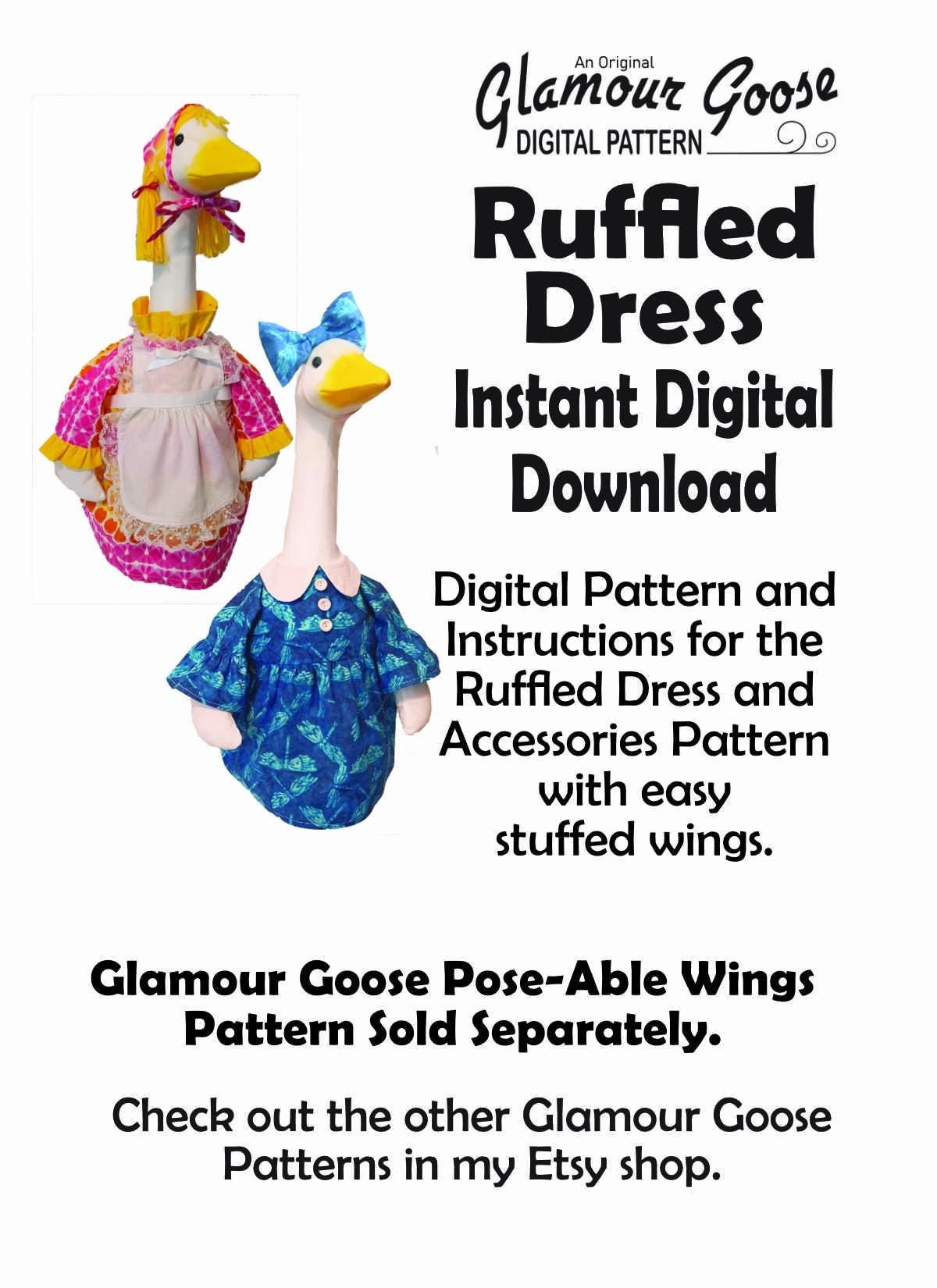 Digital Goose Outfit Pattern for RUFFLED DRESS and Accessories. Instant Digital Download