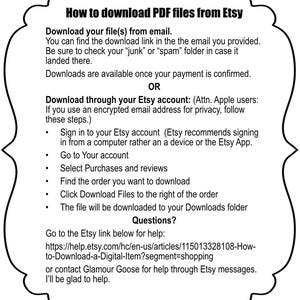May include: A white informational sign with a black scalloped border containing black text titled How to download PDF files from Etsy. It provides instructions for downloading files via email or an Etsy account, including steps for Apple users and a help link.