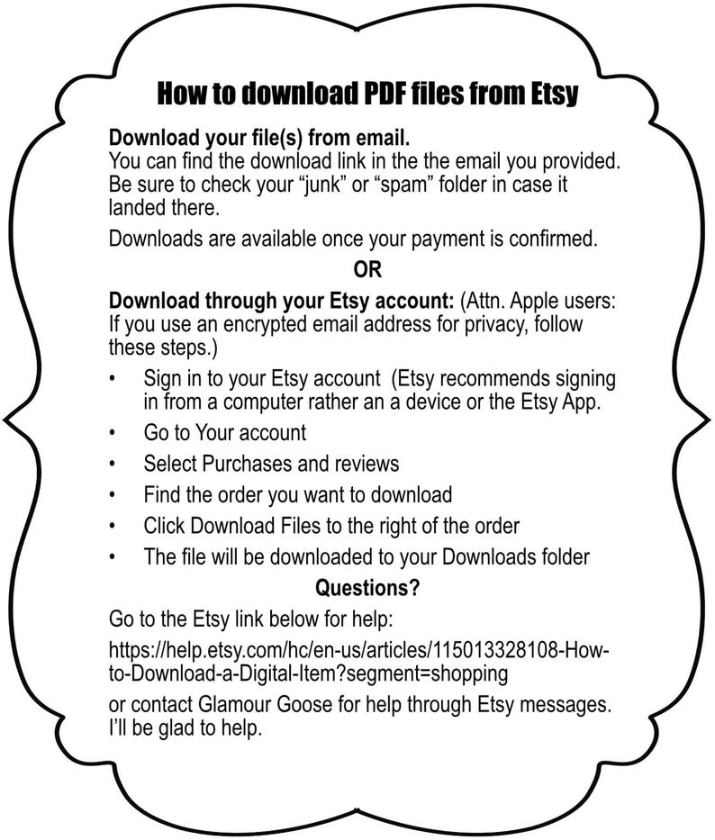 May include: A white informational sign with a black scalloped border containing black text titled How to download PDF files from Etsy. It provides instructions for downloading files via email or an Etsy account, including steps for Apple users and a help link.