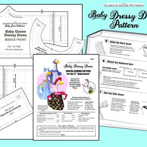 May include: A digital sewing pattern for a 17-inch baby goose dress, featuring instructional pages with diagrams, text, and photos of three geese wearing outfits including a pinafore, floral dress, and apron, with pattern pieces for the bodice and collar.
