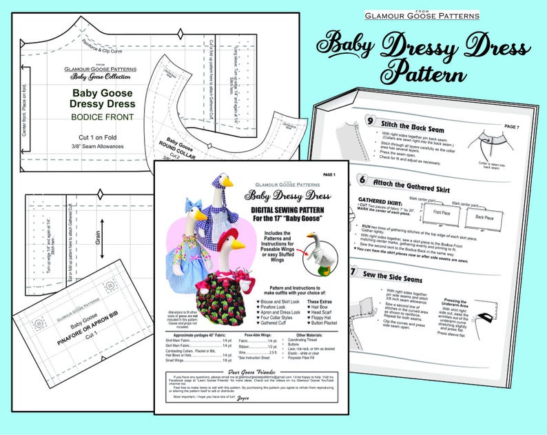 May include: A digital sewing pattern for a 17-inch baby goose dress, featuring instructional pages with diagrams, text, and photos of three geese wearing outfits including a pinafore, floral dress, and apron, with pattern pieces for the bodice and collar.