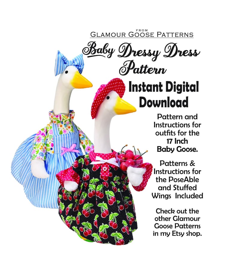 May include: Two 17-inch stuffed geese wearing fabric outfits. One goose wears a blue striped dress with a floral top and matching bow. The other wears a black dress with a red cherry print, a red polka dot hat, and holds a small bowl of cherries.
