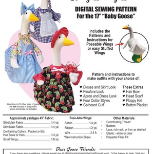 May include: A digital sewing pattern for a 17-inch baby goose, featuring three geese dressed in various outfits including a blue striped dress, a purple gingham dress with an apron, and a black dress with a red cherry print and matching hat.