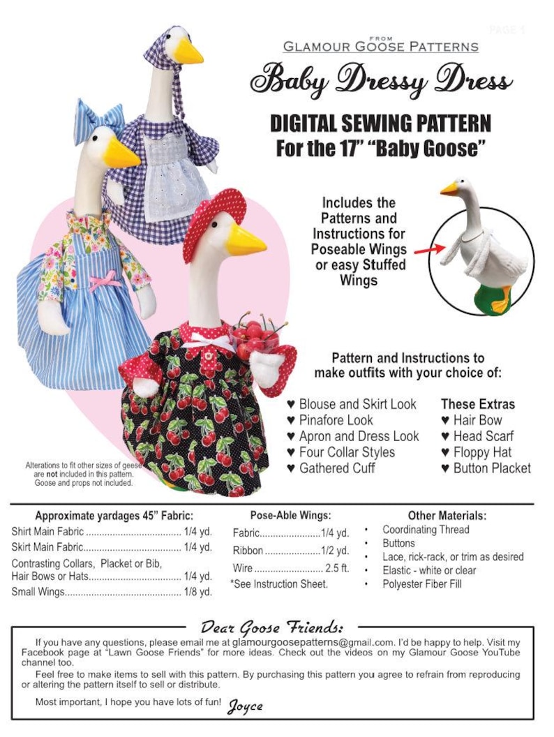 May include: A digital sewing pattern for a 17-inch baby goose, featuring three geese dressed in various outfits including a blue striped dress, a purple gingham dress with an apron, and a black dress with a red cherry print and matching hat.