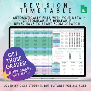 Peut inclure: Un emploi du temps de révision numérique sur un écran d'ordinateur portable. L'écran affiche un emploi du temps avec des matières et des horaires, avec le texte "GET THOSE GRADES! WORK SMART, NOT HARD." L'emploi du temps est personnalisable et réutilisable.