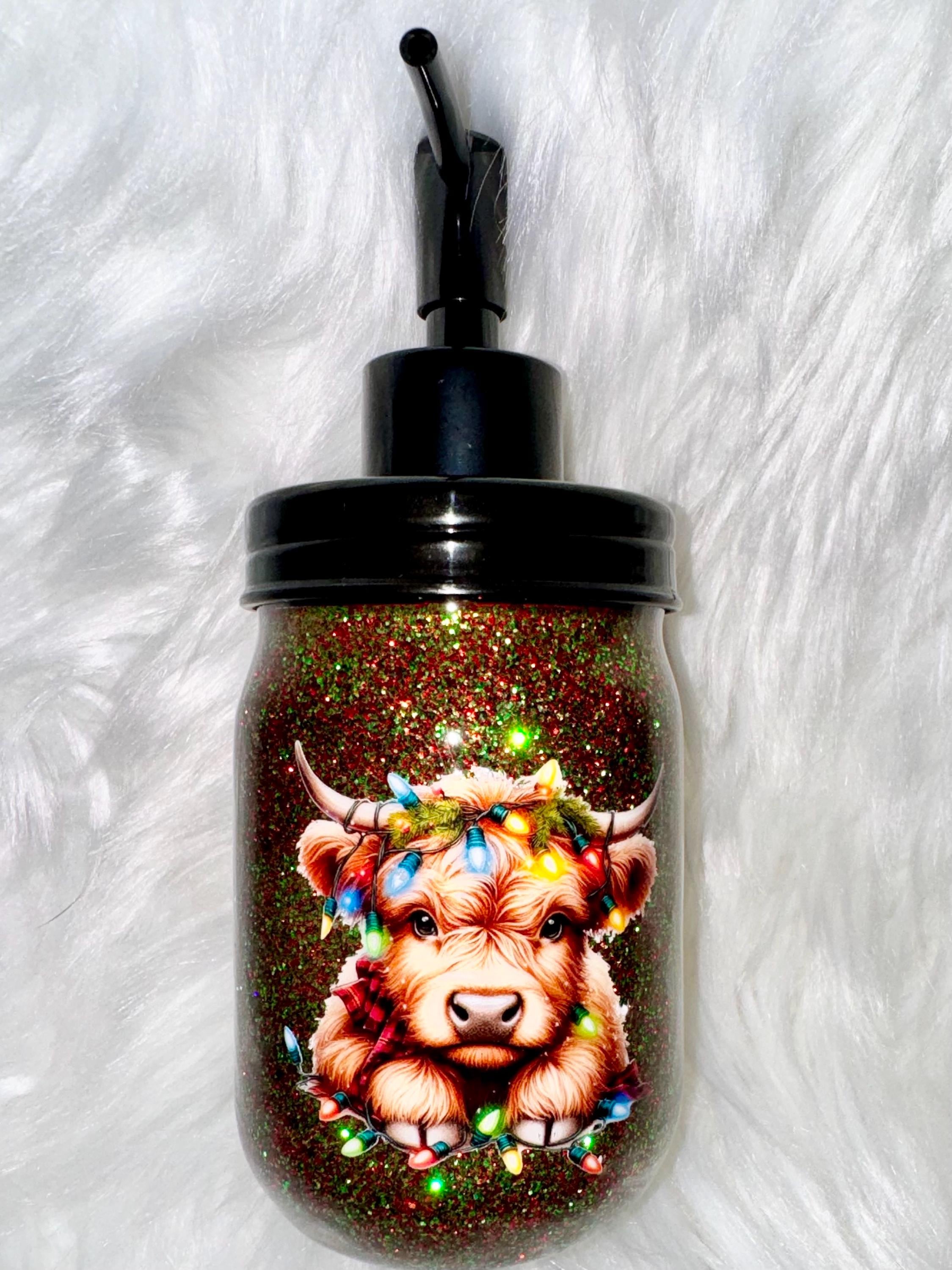 Highland Cow Christmas Soap Dispenser: Glitter Mason Jar
