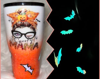 Spooky Mama glitter tumbler, orange and white cup, glow in the dark bats, Halloween tumbler, Halloween Mama tumbler