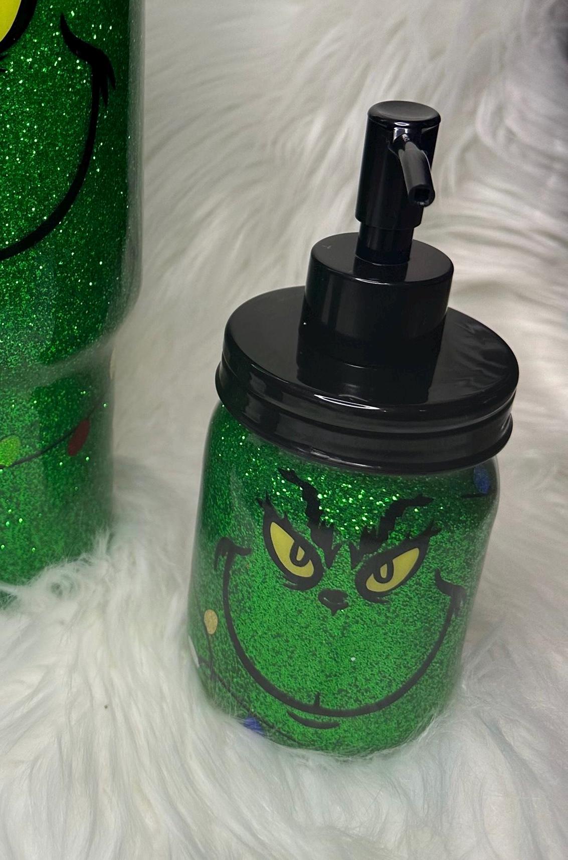 Grinch Glass Mason Jar Soap Dispenser: Christmas Decor