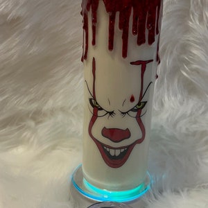 Glow in the dark Penny Wise Tumbler , charges in UV light and glows green, Penny Wise tumbler, IT tumbler, blood drip IT tumbler