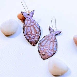 Kiln Fired Enamel Fish Earrings: Purple Mandala, Gift for fish lover
