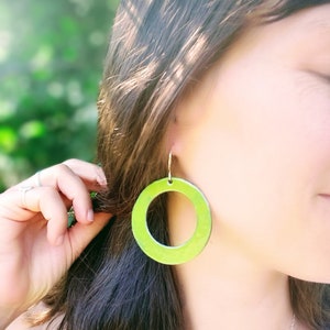 Vibrant Green Hoop Earrings | Modern Enamel Earrings | Kiln Fired Jewelry | Glass Chartreuse Statement Hoops