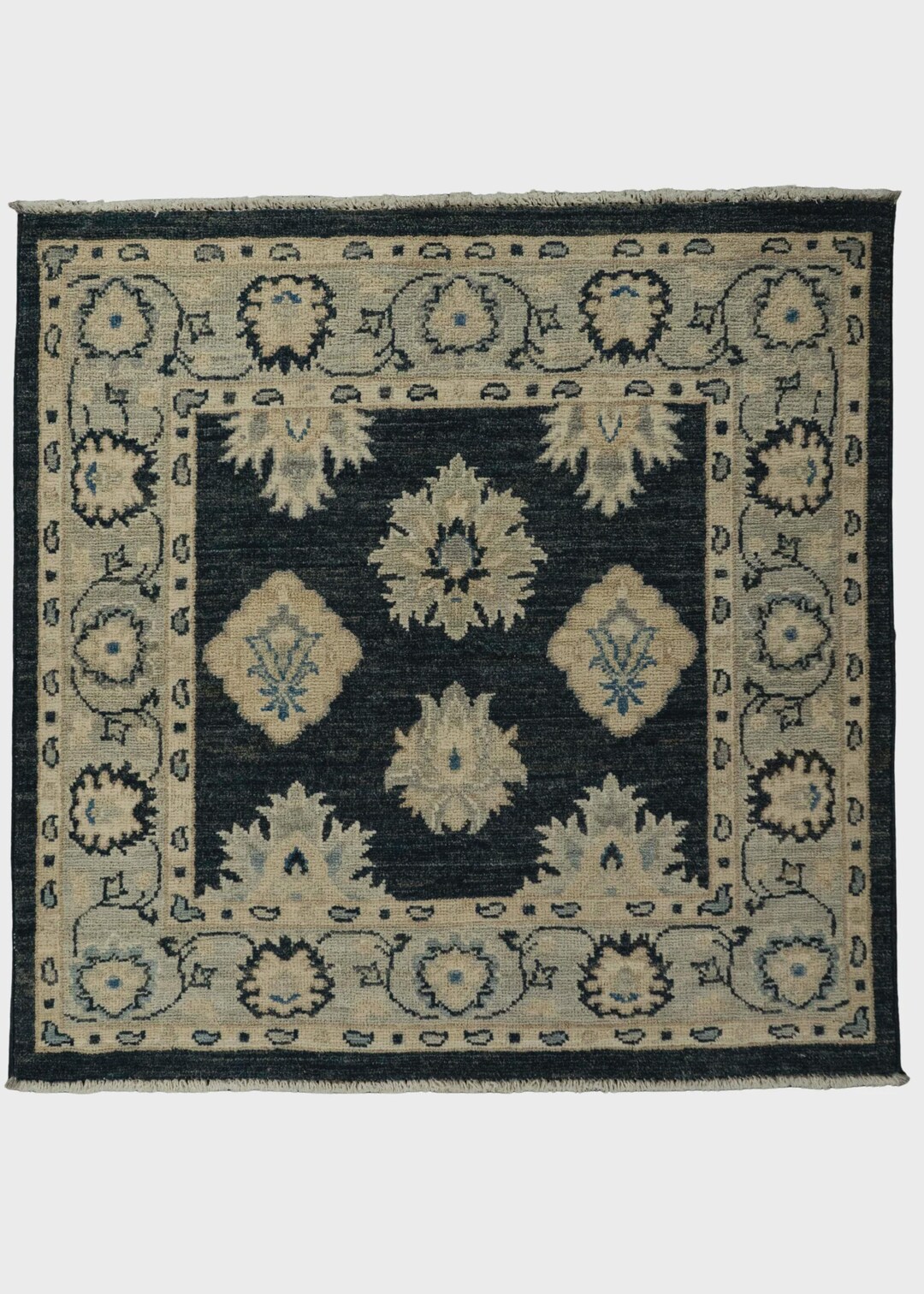 Oushak Square Rug – 3x3 Handwoven Wool Rug in Beige & Black Design - Etsy