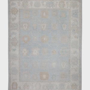 Turkish Oushak Rug – 12x15 Handwoven Rug in Blue & Brown Design