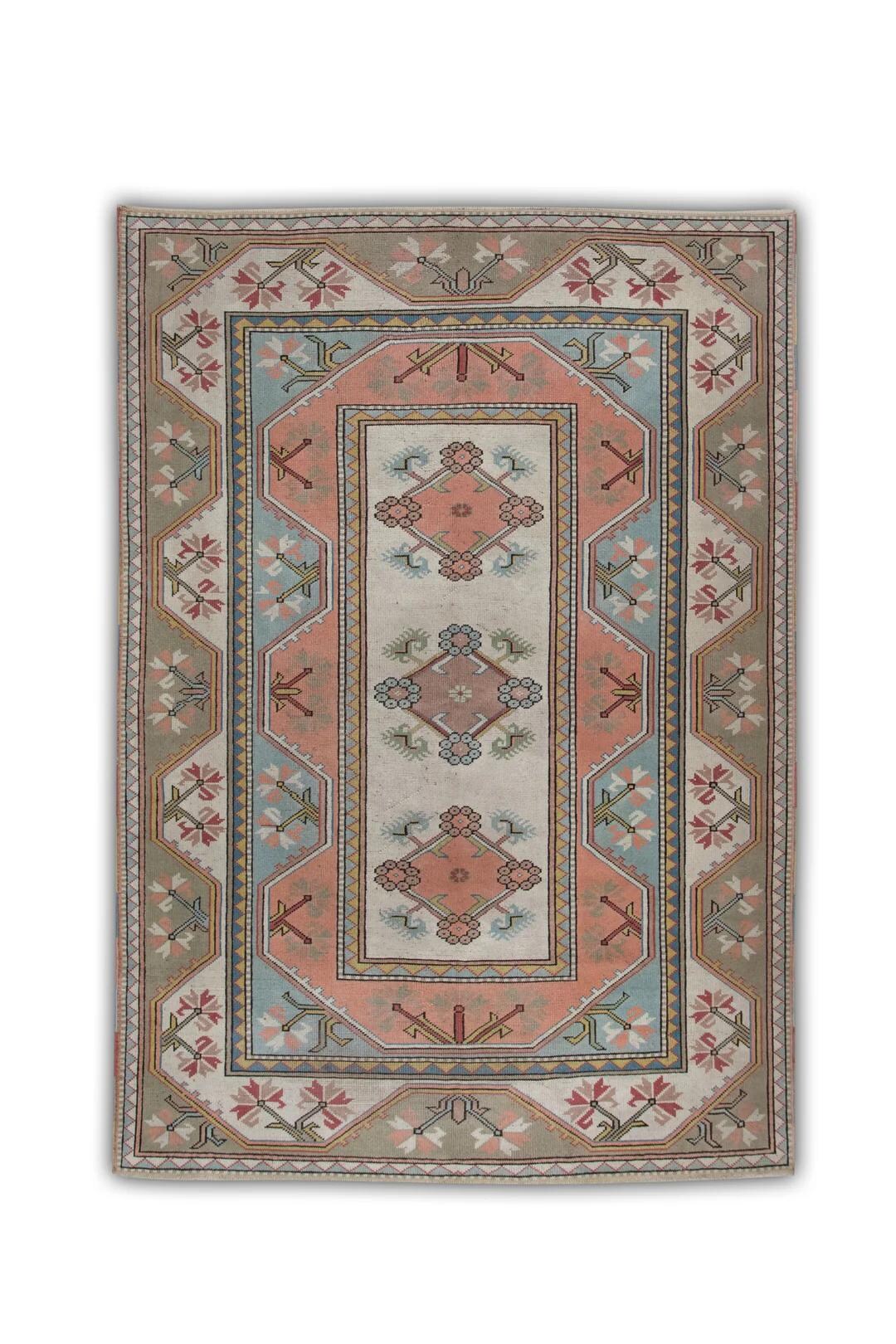6x8 Vintage Turkish Rug Coral Blue Oriental Rug - Etsy