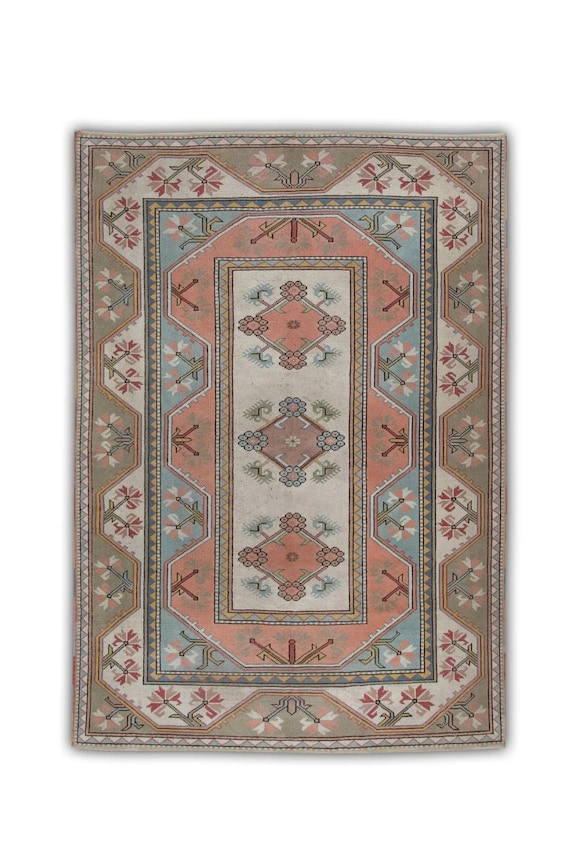 6x8 Vintage Turkish Rug Coral Blue Oriental Rug - Etsy