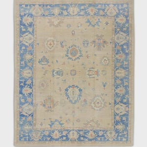 Turkish Oushak Rug – 12x15 Handwoven Rug in Blue & Red Design