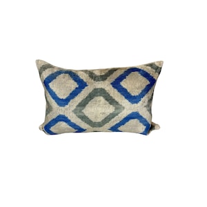 Handmade Blue Gray Ikat Pillow Cover  15x23 Velvet Lumbar Accent Pillow, Decorative Throw Pillow