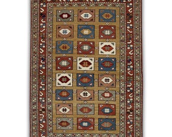 Turkish Vintage Rug – 3x5 Handwoven Wool Rug in Red & Blue Design