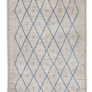 May include: A white and blue rug with a diamond pattern. The rug has a subtle texture and a simple design.