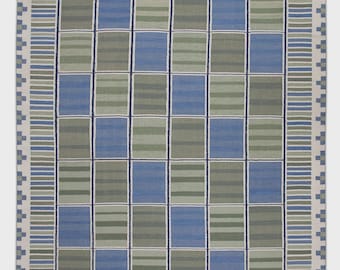 Turkish Kilim Rug 9x12 – Handwoven Wool Flatweave in Green & Blue Geometric Design