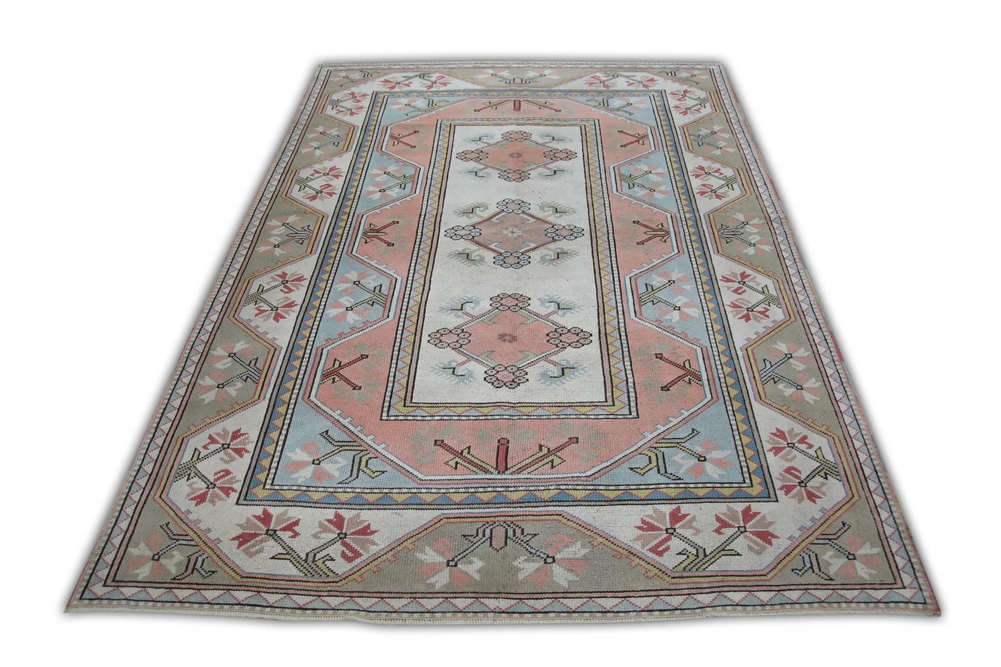 6x8 Vintage Turkish Rug Coral Blue Oriental Rug - Etsy