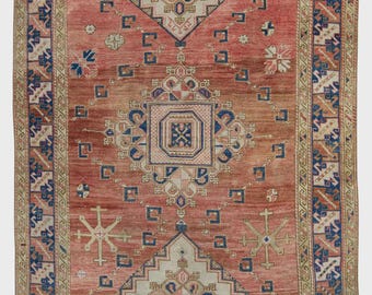 Turkish Vintage Rug –6x8 Handwoven Rug in Orange & Blue Design