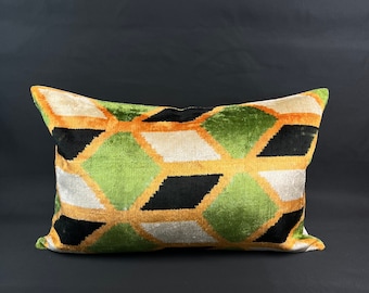 Green & Orange Ikat Pillow Cover,Velvet Ikat Pillow,Lumbar Ikat Pillow,16x24 Velvet Throw Pillow,Accent Pillow,Decorative Throw Pillow