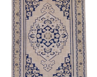 5x8 Vintage Turkish Rug Beige Blue Oriental Rug
