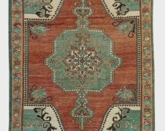 Turkish Vintage Rug –5x7 Handwoven Rug in Orange & Blue Design