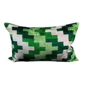 Green Velvet Ikat Pillow Handmade 16x24 Lumbar Throw Cushion, Decorative Accent Pillow