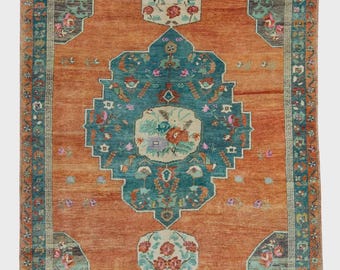 Turkish Vintage Rug –5x8 Handwoven Rug in Orange & Blue Design