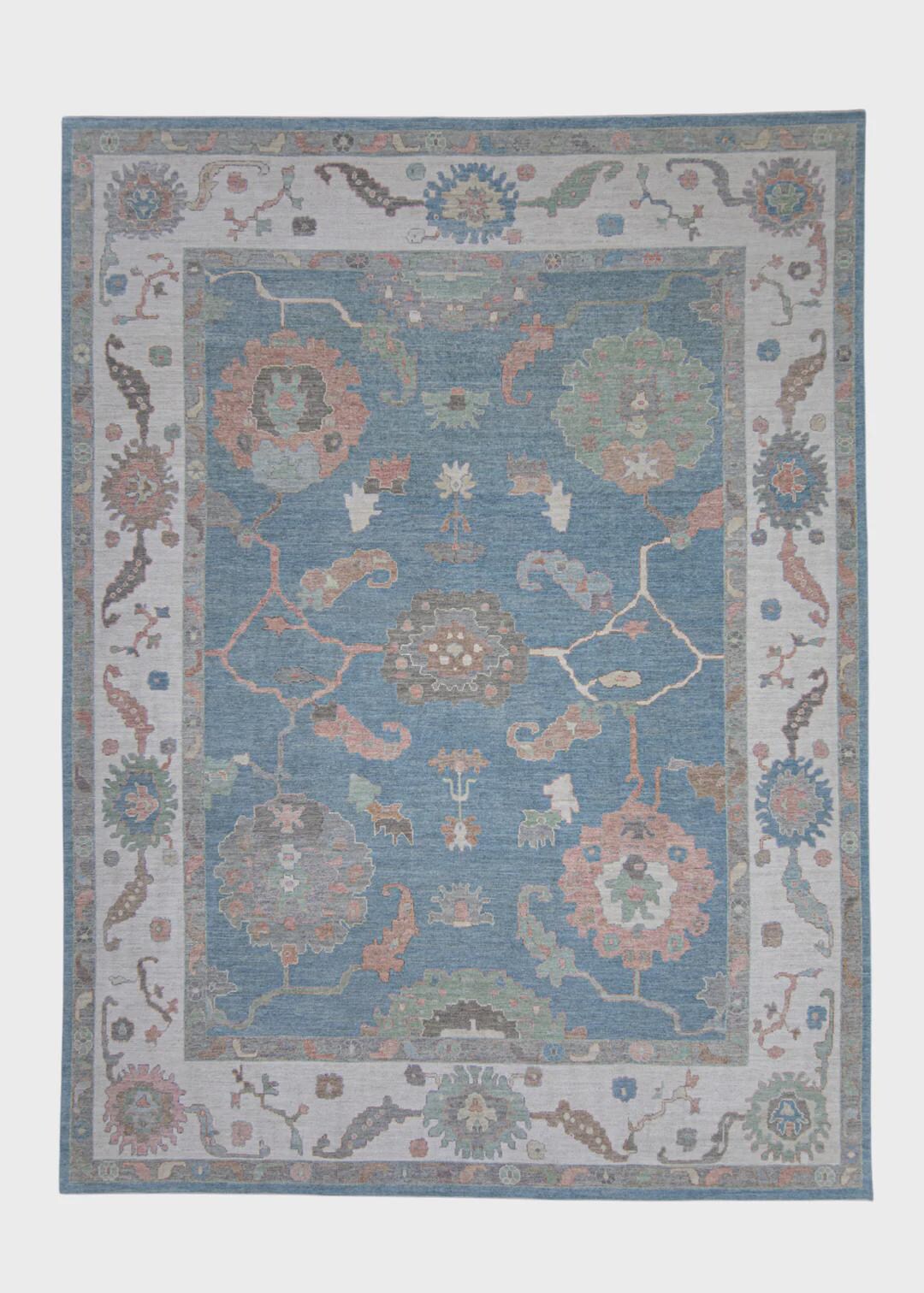 Turkish Oushak Rug – 12x16 Handwoven Rug in Blue & Coral Design - Etsy